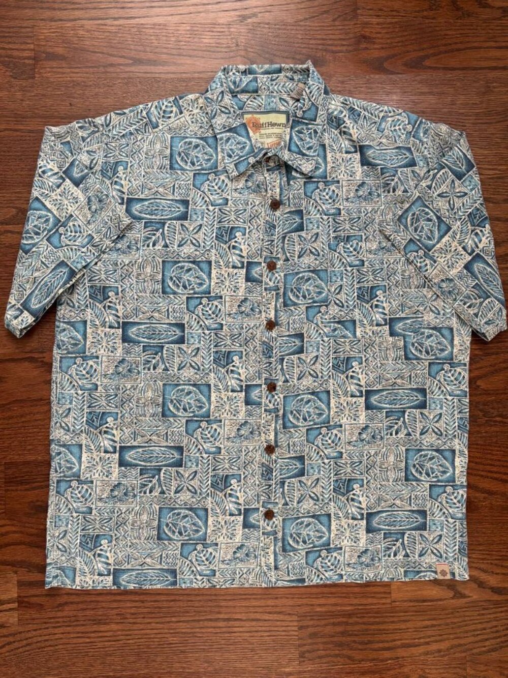 RuffHewn Men’s Large Blue Hawaiian Shirt Linen Rayon Tropical Tiki Button Up